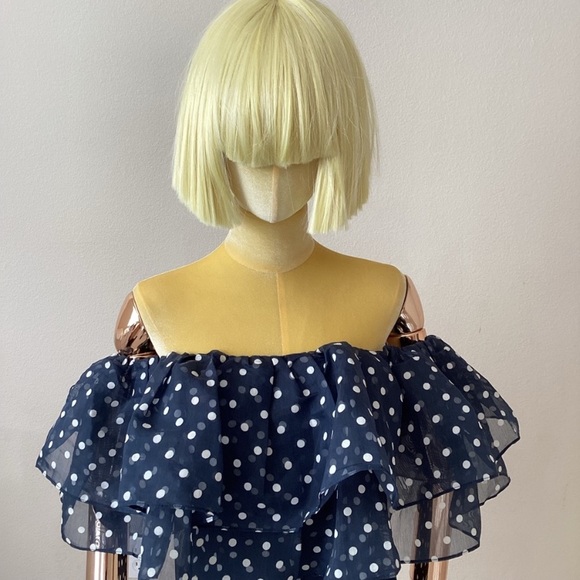 Choosy Off The Shoulder Blue/ White Polka Dot Mini Dress. - Picture 4 of 7